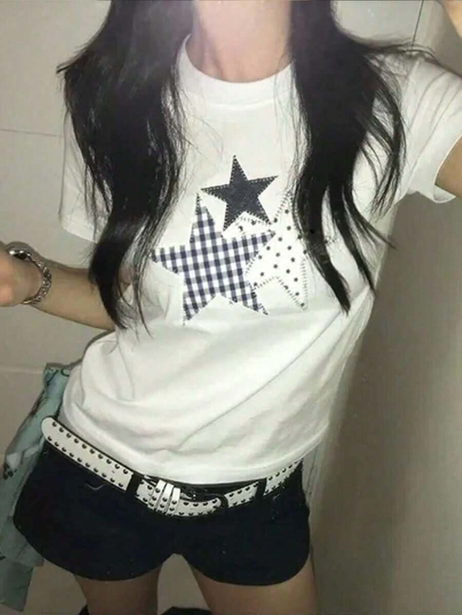 Summer Cheer From Japan! White On White Star Print Cotton T-Shirt, Women's Short Sleeve Crew Neck Cotton T-Shirt, Casual Japanese Feminine Style. - 白色的 - 查看 1