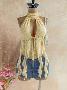 Blusa de mujer con encaje bordado, escote halter, espalda descubierta, tirantes con lazo, bajo fluido y elegante, adecuada para la playa, cruceros y resorts - Amarillo claro - Ver 8