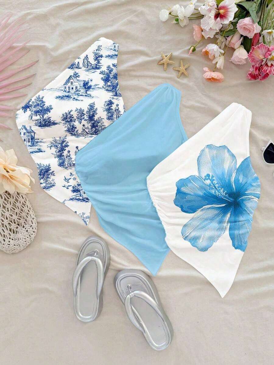 Top corto con escote asimétrico y drapeado sin mangas para mujer, estilo Y2K - Azul y blanco - Ver 1