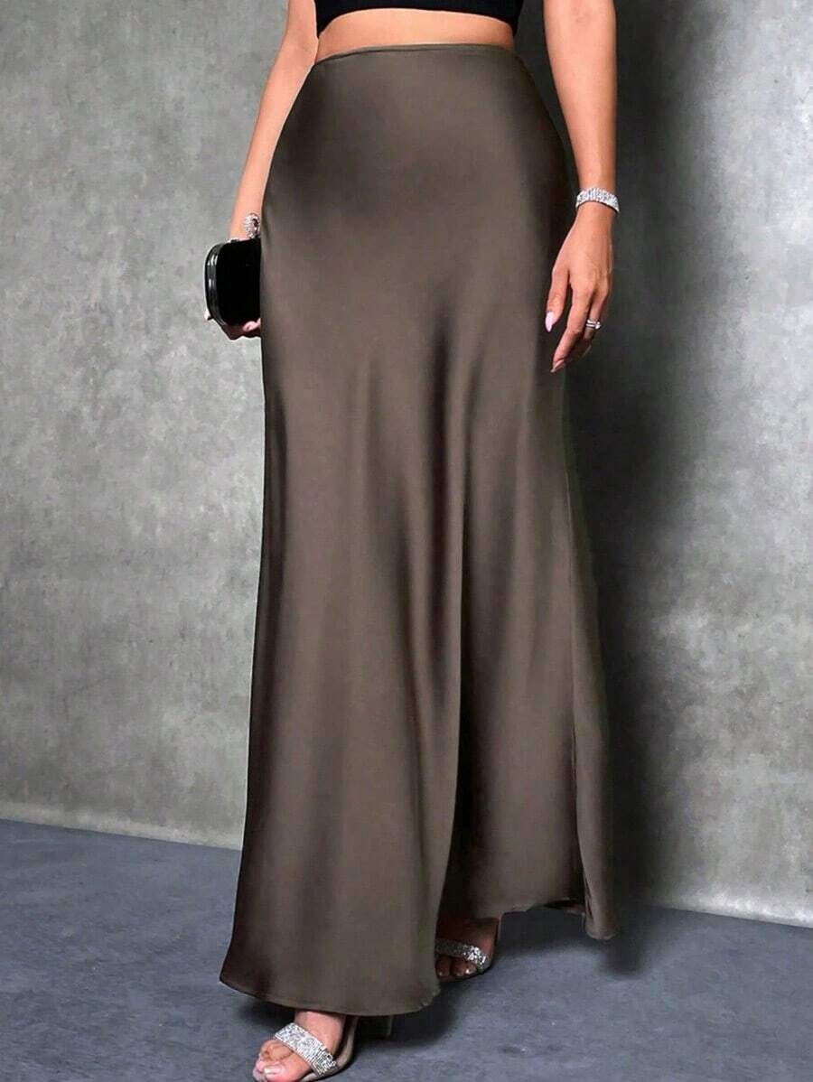 Falda de estilo de cola de sirena de unicolor para mujer, falda de satén, falda larga elegante, adecuada para fiestas y uso diario - Café integral - Ver 1