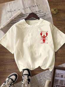 Camiseta de mujer de cuello redondo y manga corta con estampado de langosta, casual para salir en verano-Vintage Street Style Unisexoose Cotton Short Sleeve Crew Neck T-Shirt - albaricoque claro - Ver 2