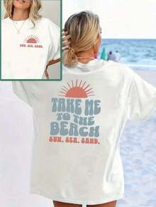 Camiseta Blanca de Manga Corta para Mujer - Texto Decorado "Beach Calling", Estampado Gráfico con Temática de Festival, 100% Algodón, Cuello Redondo, Corte Regular, Suave y Transpirable, Apta para Todas las Temporadas, Uso Diario y Ocio, Combinación Versátil, Regalos para Vacaciones o Amigos - Estilo - Ver 7