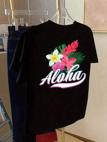 Camiseta de Manga Corta de Alta Calidad con Estampado Frontal y Trasero - Estilo Hawaiano, Floral Tropical - Camiseta Estampada para Mujer, Primavera/Verano, Artículo de Moda, Versátil y Casual, Tela Suave - Estilo - Ver 4