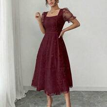 Women's Floral Embroidered Mesh Petal Sleeve Elegant Dress - Burdeos - Ver 5