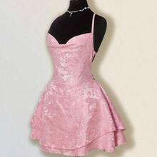 ICON Women's Elegant Blush Pink Mini Party Dress, Sleeveless With A Chic Draped Cowl Neckline And Layered Tiered Skirt. - Azul - Ver 5