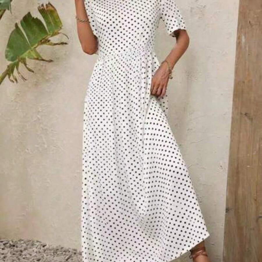Polka Dot Print Smock Dress Maxi Women Outfit - Blanco - Ver 1