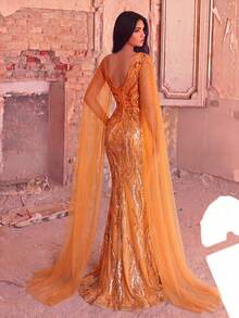 Faeriesty Elegant Sweetheart Neckline Gown Heavy Beading,Mermaid Silhouette And High Leg Slit For Studio Photo Shoots,Formal Dinners,Celebrations Wedding - Orange - View 4