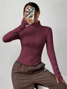 Chaqueta de manga larga de punto ajustada con protección solar para mujer en otoño/invierno, color albaricoque - Rojo violeta - Ver 5