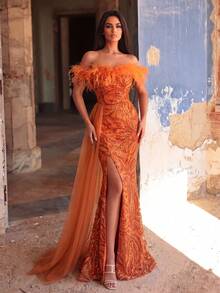 Faeriesty Đầm dạ hội maxi trễ vai xẻ cao màu cam lấp lánh dành cho nữ, thích hợp cho các bữa tiệc, dịp trang trọng, kỳ nghỉ và đám cưới. - trái cam - Xem 1