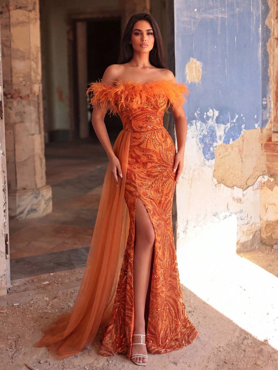 Faeriesty Đầm dạ hội maxi trễ vai xẻ cao màu cam lấp lánh dành cho nữ, thích hợp cho các bữa tiệc, dịp trang trọng, kỳ nghỉ và đám cưới. - trái cam - Xem 1