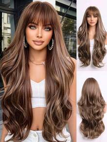 Perruque synthétique brune ondulée longue de 26 pouces avec frange, cheveux bouclés naturels résistants à la chaleur pour femmes, convient pour le port quotidien et les fêtes - Tabac - Voir 2