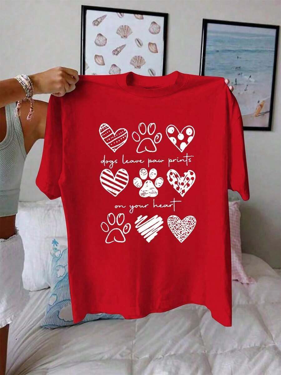 Women's Casual Crew Neck T-Shirt With Dog Paw Print And Hearts, Knit Fabric, Regular Length, Short Sleeve For All Seasons - Unisex Cotton T-Shirt, Loose Fit, Comfortable, Urban Vintage Style. Suitable For Spring, Summer, And Autumn. - 紅色 - 查看 1