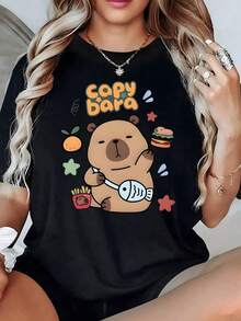 Cute Capybara Surrounded By Food And Vibrant Colors Conveying Fun And Cuteness. Women's T-Shirt, 100% Cotton, 220g - 黑色 - 查看 1