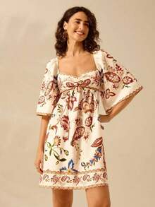 Vestido corto casual de vacaciones vintage con estampado floral tropical bohemio para mujer - Multicolor - Ver 3