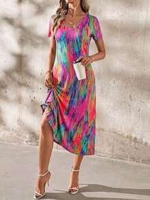Clasi Vestido de mujer con estampado de teñido anudado a la moda, de verano - Gris Oscuro - Ver 9