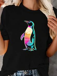 Camiseta con estampado deüinos, camiseta casual de manga corta con cuello redondo para primavera y verano, ropa de mujer. - Negro - Ver 6