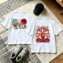 2-Piece Couple Matching Pattern T-Shirt, 100% Cotton, Loose Fit, Soft And Breathable, Casual Round Neck Short Sleeved Top Custom Special Motorcycle Design Inspiration Motivation Growth Pattern Versatile Patterns No Picky Combinations Coordinated Dating Casual Travel Simple And Cartoonish Printing - 白色 - 查看 1