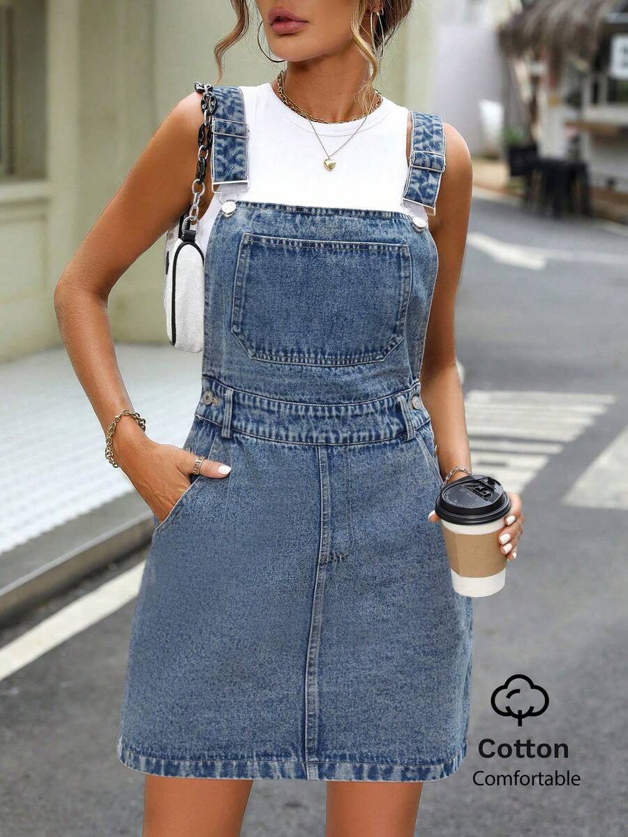 Vestido mini de mezclilla con bolsillos y tirantes, casual y versátil para primavera - Azul - Ver 1