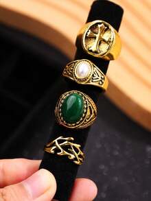 Set de 4 anillos de resina geométricos de cruz minimalistas, de alta gama, versátiles, de estilo punk y hip-hop, elegantes y únicos, adecuados para uso diario, festivales y fiestas - Multicolor - Ver 3