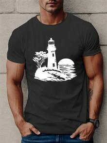 Lighthouse Men's Short Sleeve T-Shirt, Summer Top. Comfortable Men's T-Shirt / A Very Distinctive Printed T-Shirt / Unisex Style / Suitable For Both Men And Women / Wrinkle-Resistant / Breathable. - 黑色 - 查看 9