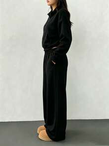 Women's 2-Piece Set With Striped V-Neck Off-The-Shoulder Long-Sleeve Top And Elastic Waist Striped Pants, Winter Sweater Suit, Autumn/Winter - 黑色 - 查看 5