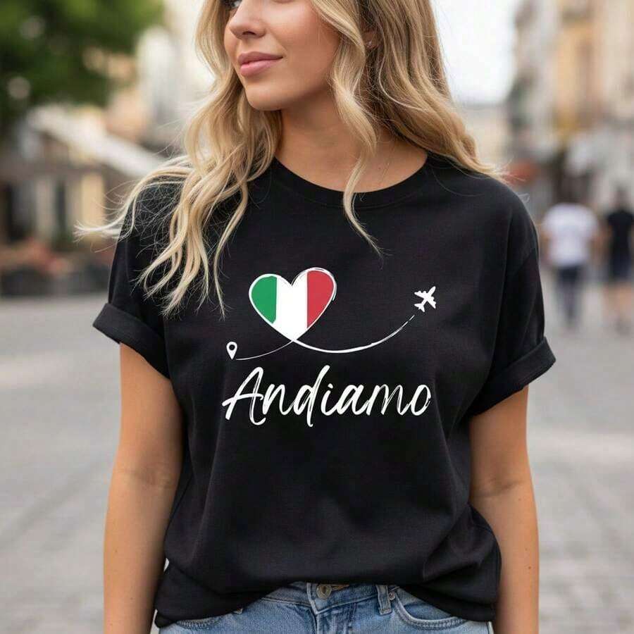 Nueva y moderna camiseta de algodón para mujer con estampado de viajes italianos, cuello redondo y manga corta, estilo casual, con el patrón de la bandera en forma de corazón "Andiamo", tela transpirable y suave, adecuada para vacaciones y uso diario, también es un regalo ideal para los amantes de los viajes - camiseta unisex de algodón, estilo vintage urbano, corte holgado, cuello redondo y manga corta. - Negro - Ver 1