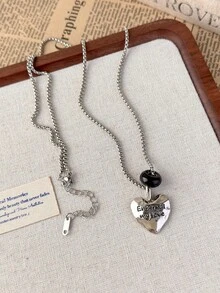1pc Korean Style Personalized Stone Heart Letter Pendant Necklace, Unique High-End Sweater Chain, Versatile Daily Accessory For Women - Necklace - View 8