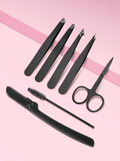 7pcs Stainless Steel Eyebrow Hair Removal, Trimming And Makeup Tool Set, Eyebrow Clipper, Eyebrow Clip, Eyebrow Knife, Eyebrow Brush, Black Eyebrow Trimming Tool, Eyebrow Trimming Set, Professional Hair Removal Tweezers, Professional Eyebrow Pliers - High-Precision Facial Hair, Hair Removal, Inward Growth, Shaving Razor Set, Hair Removal Device