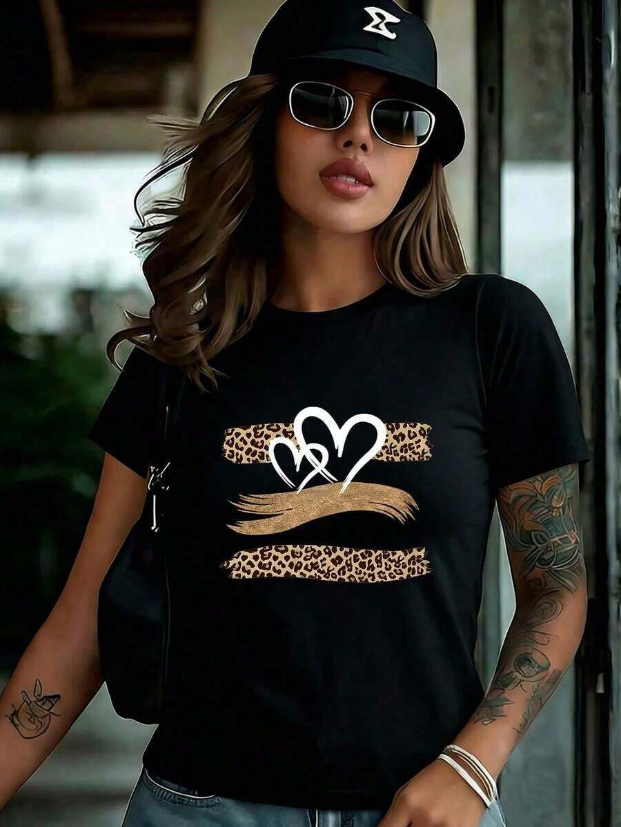 2026 Women's Cotton T-Shirt Casual Quality Oversized Plus Size T-Shirt With Heart And Leopard Print - Chic Casual Clothing For Women Basic Unisex T-Shirt - 黑色 - 查看 1