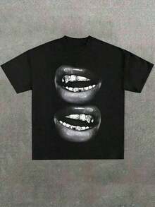 Diseño simple y versátil. Una camiseta estampada divertida y elegante con un diseño de labios, casual y cómoda, adecuada para primavera y verano, hecha de tela de algodón puro. - Negro - Ver 1