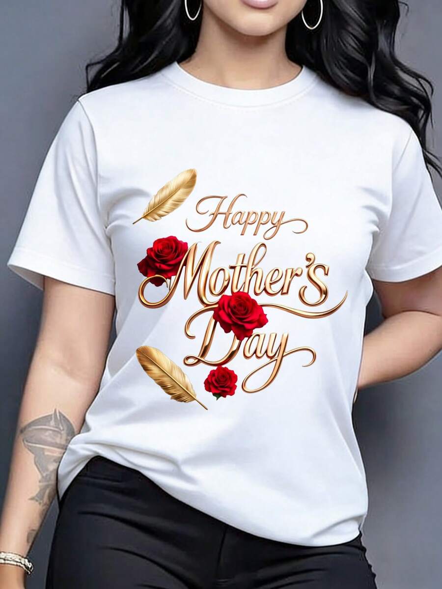 Camiseta para mujer, con estampado de letras doradas "Happy Mother's Day" en caligrafía, rosas rojas y plumas doradas, cuello redondo, manga corta - Blanco - Ver 1