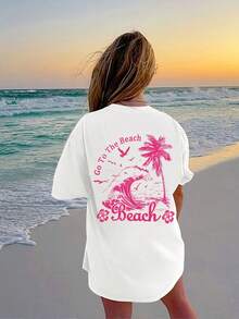 Women's Beach Print T-Shirt, Casual Short-Sleeved Crew Neck T-Shirt For Women, Suitable For Vacation And Everyday Wear - Unisex Loose Cotton Short-Sleeved Crew Neck Vintage Style T-Shirt, Blouses For Women. Casual Blouses For Ladies. - 白色 - 查看 2