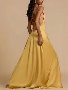 Vestido largo satén verano mujer cuello V espalda descubierta elegante estilo europeo sensual - Dorado - Ver 3