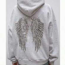 2026 Sequin Angel's Wings Hoodies Women Chic Loose Long Sleeve Pullovers Top Slim Yoga Pant Set New Casual Lady Two Piece Sets Tops  Hoodies Summer Clothes Western Outfits For Women Summer Outfits For Women Jackets Sweater Jackets For Women - Xám - Xem 2
