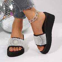Women's Rhinestone & Faux Pearl Decor Strap Thick-Sole Beach Slippers, Vacation Style For Outdoor Wear - Black - View 3