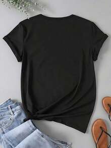 Women's Casual T-Shirt With Floral Print And Inspirational Phrase, Fun, Plus Size, Graphic, Short Sleeve, Novelty, Round Neck, Casual Style, Fashion - 黑色 - 查看 2