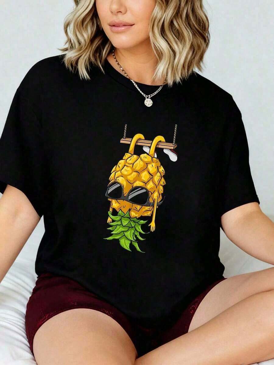 Camiseta de piña de dibujos animados que se balancea, camiseta de piña invertida 2026, nueva camiseta impresa para mujeres, camiseta de otoño para mujeres, camiseta de invierno, camiseta de para mujeressummer - Negro - Ver 1