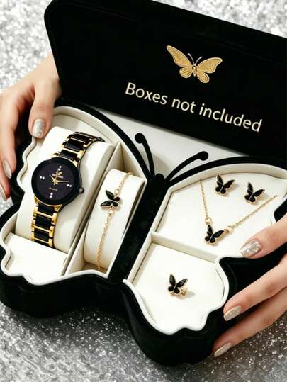This Watch Features A Classic Black And Gold Color Scheme. The Round Black Dial Is Adorned With Diamond-Encrusted Hour Markers And Gold-Tone Hands. The Two-Tone Steel Bracelet, Woven With Black And Gold-Tone Metal, Exudes A Mature, Elegant And Professional Vibe.