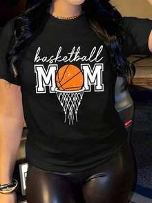 Korean 1pc Casual 100% Cotton Women's T-Shirt Sporty Suitable For Spring Summer Autumn And Winter Men's T-Shirt Couple T-Shirts With Basketball Print And Text Basketball MOM With Ball In Hoop Graphic Tee - 黑色 - 查看 7