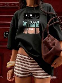 Summer And Beach Style Short Sleeve T-Shirt, Fashionable Short Sleeve T-Shirt For Spring And Summer 2026, Made In Mexico, 180 Grams. Cartoon Print, Couple Design, Suitable For Indoor Or Outdoor Wear. Crew Neck, Unisex, Ideal For Office And Leisure. One-Piece Pack. - BK-P631577SLNDXZGY471 - 查看 3