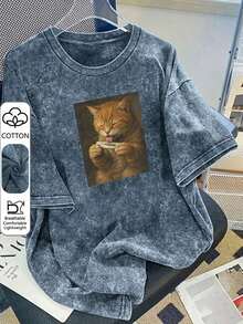 Camiseta de manga corta con estampado de gato interesante, top de diseño exclusivo y lindo, camiseta para mujer de talla grande, camiseta de algodón lavado, ropa casual de talla grande para mujer, tela con estampado de copos de nieve, top casual de cuello redondo cómodo de talla grande, camiseta vintage desgastada, ropa de mujer de talla grande, ropa de primavera/verano - azul real - Ver 6