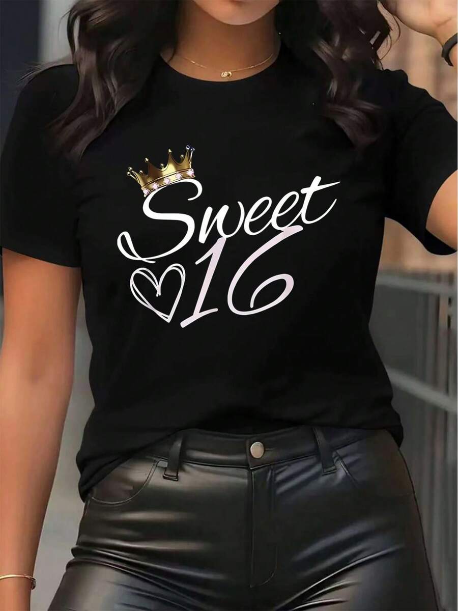 Unique Short-Sleeved T-Shirt For A Quinceañera, Durable Polyester Fabric, For Use In Restaurants Or At Home, Stylish Graphic Design, Comfortable Fit For Casual Outfits, Perfect Gift To Celebrate Special Occasions. - 黑色 - 查看 1