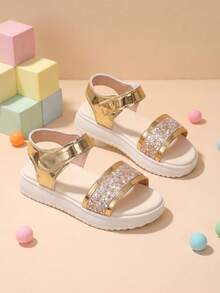 1 Pair Children's Shiny Gold Fashion Flat Sandals, Gradient Colorful Sequins, Girls Magic Tape Beach Sandals, Suitable For Matching Outfits And Outdoor Play - Gold - View 5