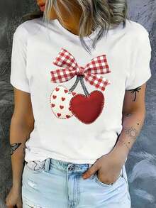 1 Piece Fashionable Casual T-Shirt For Men And Women, With Funny Heart Print For Valentine's Day. Versatile, Easy To Match, Suitable For Daily Wear, Street Style, Vacation Wear, Weekend Wear. - 白色 2 - 查看 1