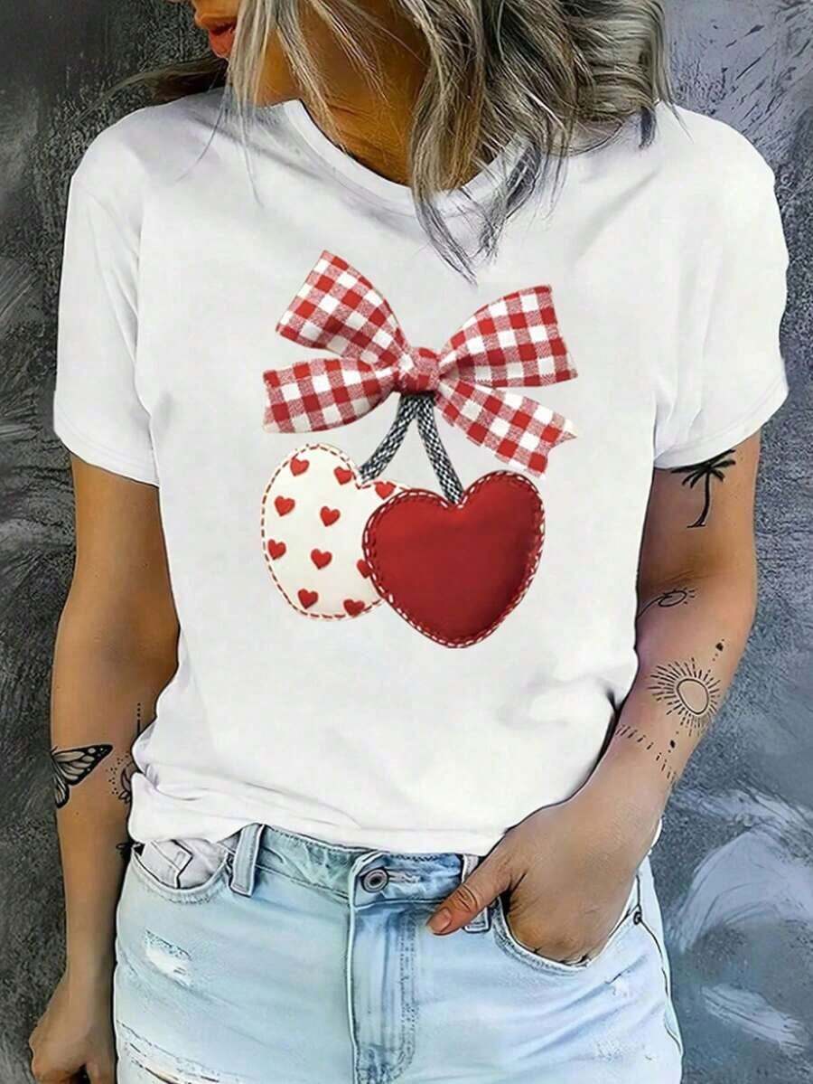 1 Piece Fashionable Casual T-Shirt For Men And Women, With Funny Heart Print For Valentine's Day. Versatile, Easy To Match, Suitable For Daily Wear, Street Style, Vacation Wear, Weekend Wear. - 白色 2 - 查看 1