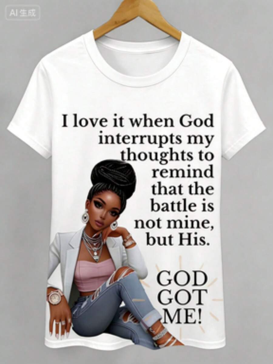 Plus Size Women's T-Shirt, New Spring-Summer 2026, Cotton, Breathable, Soft, Casual, Loose Fit, Round Neck And Short Sleeves, With Graphic Print "I Love It When God Interrupts My Thoughts", Comfortable To Wear At Home - 白色 - 查看 1