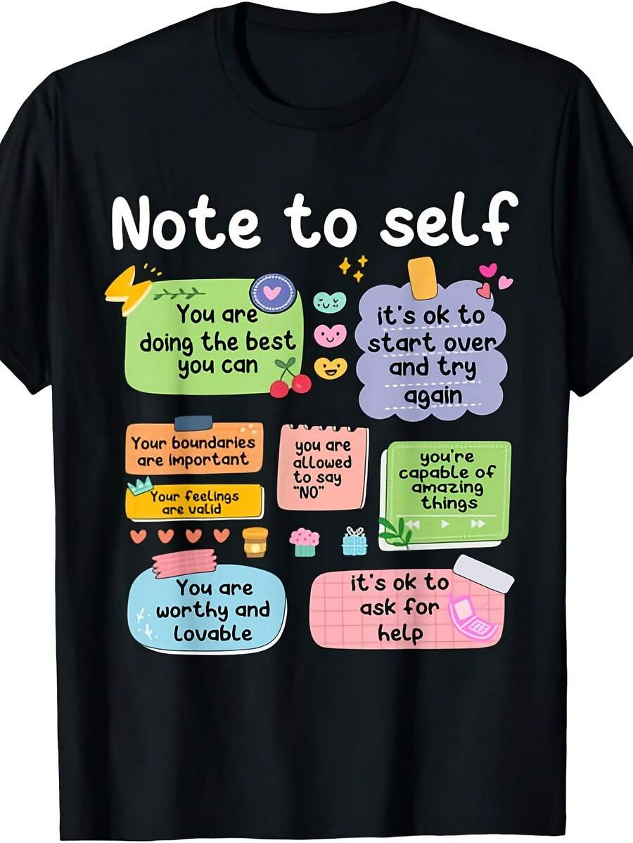 Inspirational T-Shirt For Yourself - Positive Self-Affirmation - With Colorful Self-Care Phrases, Unisex, Mental Health Clothing, Suitable For All Seasons, Ideal Gift For Self-Love And Personal Growth - 黑色 - 查看 1