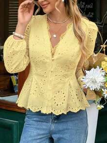 Blusa negra bordada con ribete de encaje, botón de seta, cintura fruncida, forrada, manga larga con puño elástico, versátil para uso diario, casual, apropiada para trabajo, playa, vacaciones, primavera/verano/otoño - Amarillo - Ver 3