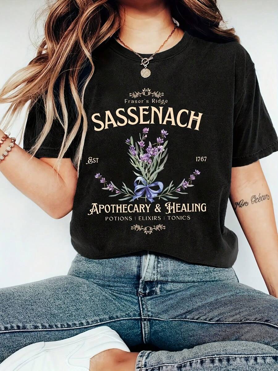 Sansenach Vintage Apothecary T-Shirt - Black Short Sleeve Round Neck Top With Botanical Pharmacy Print, Casual Medium Elasticity Blouse For Spring Summer Autumn, Retro Style Machine Washable For Women's Clothing - 黑色 - 查看 1