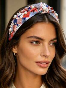 1pc New Beaded & Rhinestone Knotted Wide Headband, Holiday Party Headpiece, Versatile Hairband For Outdoor Wear - Multicolor - View 6